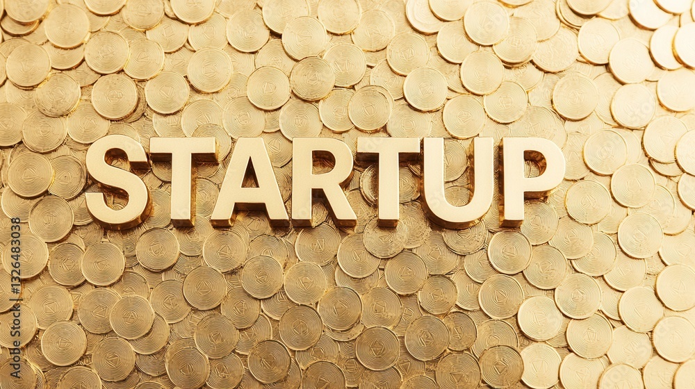 Poster golden coins background with startup text for business concepts