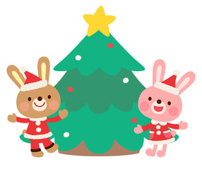 かわいいウサギのサンタクロース　クリスマス　クリスマスツリー
