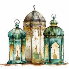 Obraz premium Beautiful Watercolor Illustration of Traditional Ramadan Lanterns on Floor in Dark Green and Beige Colors