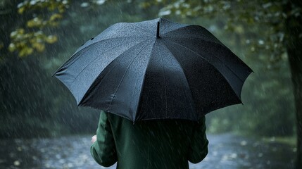 Person in Green Coat with Umbrella Walking in Rain 