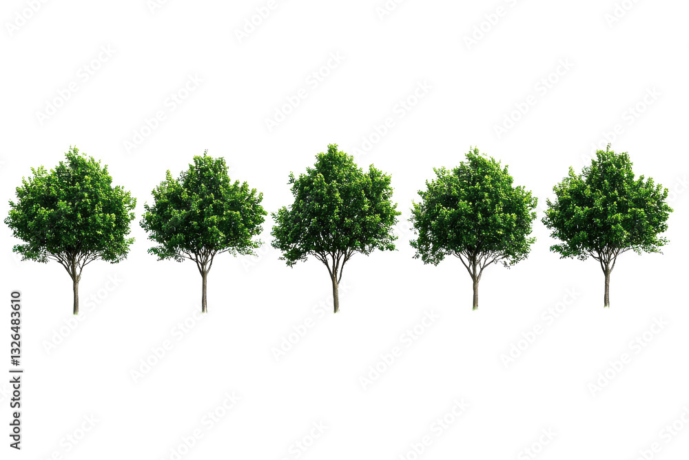 Poster five small green trees arranged in a row against a plain white background in a studio shot isolated 