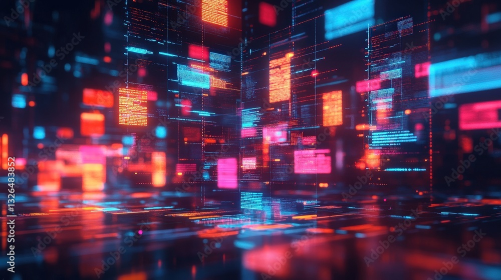 Poster a vibrant digital landscape featuring colorful lights and abstract geometric patterns, creating a fu