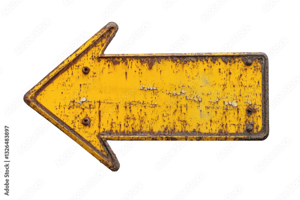Poster a weathered yellow arrow sign pointing left with visible rust and wear isolated on a white backgroun