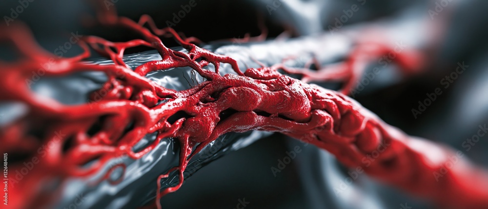 Poster a close-up image showcasing intricate red structures resembling blood vessels against a dark, textur