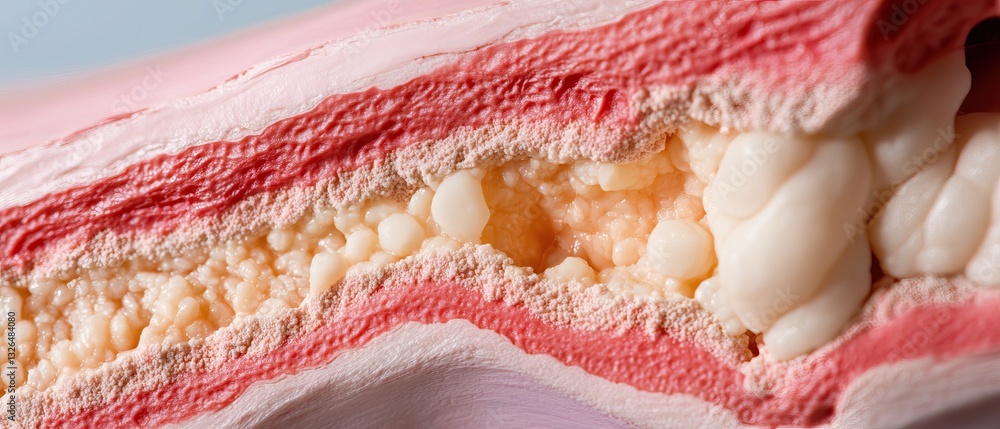 Poster a close-up view of layered tissue, showcasing different colors and textures, highlighting the struct