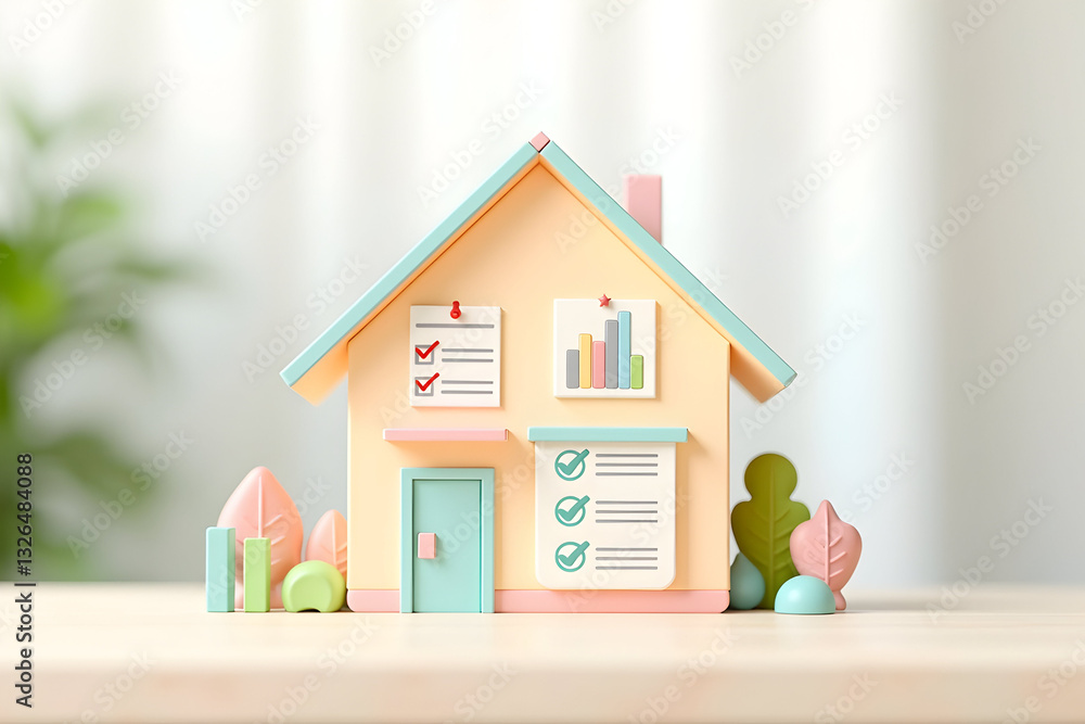 Poster a colorful miniature house model with checklists and graphs, symbolizing home management and organiz