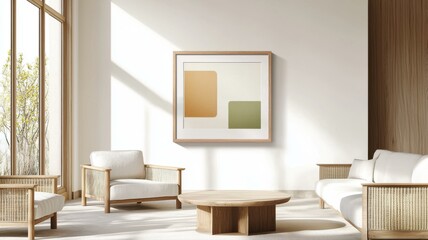Fototapeta premium Minimalist living room with modern furniture and abstract art, bathed in natural light.