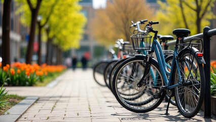 Fototapeta premium Urban Bike-Sharing Paradise Along Tree-Lined Avenue with Vibrant Spring Tulips