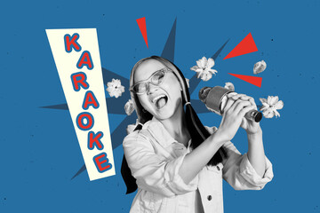 Sketch template design 3D photo collage composite of young lady sing song karaoke hold microphone...