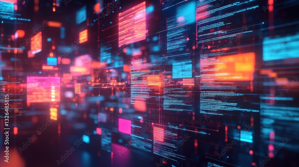 Poster a vibrant, digital interface filled with colorful data streams, representing technology and informat