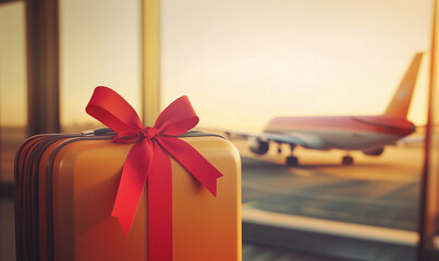 Yellow suitcase with red ribbon at airport terminal, concept of travel as a gift