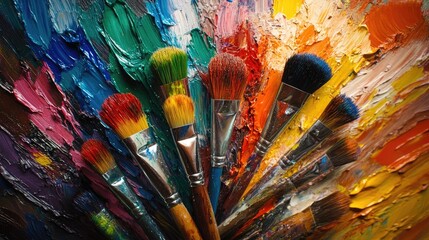 Vibrant Artist Paintbrushes on a Colorful Oil Paint Palette