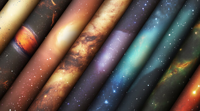 Rolled galaxy-themed papers with cosmic nebula patterns, concept of parallel universes