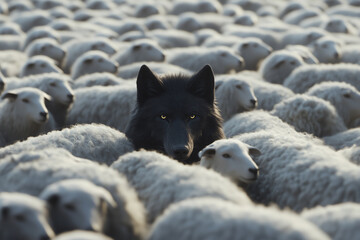 Black wolf hidden among white sheep, concept of deception, danger and being an outsider