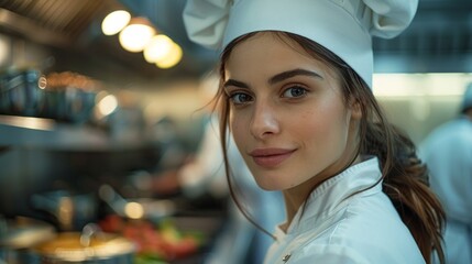 Chef in Kitchen, Female Cook Standing with Confidence, Close-up Portrait