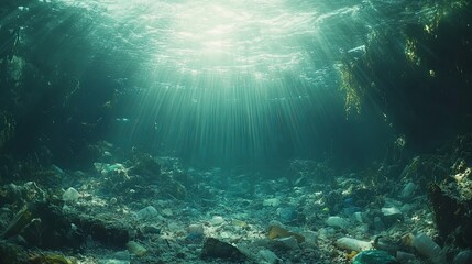 Fototapeta premium Plastic pollution in the ocean – garbage floating on the sea with underwater shine