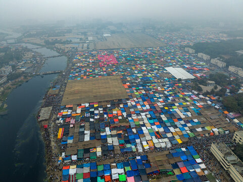 Aerial view of Bishwa Ijtema festival, an annual gathering of Muslims in Tongi, Gazipur, Dhaka, Bangladesh.