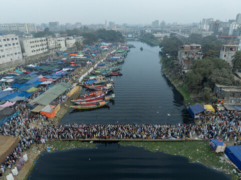 Aerial view of Bishwa Ijtema festival, an annual gathering of Muslims in Tongi, Gazipur, Dhaka, Bangladesh.