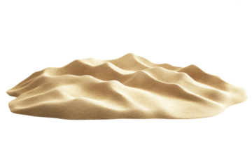 A small sand dune formation with visible ripples against a stark white background in a studio setting