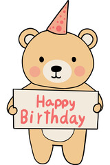 Bear birthday theme, A cute bear wearing a party hat holds a sign that says 
