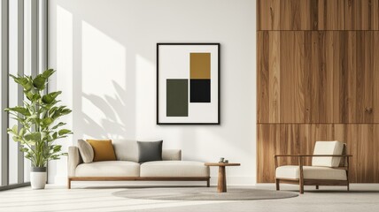 Modern living room with minimalist decor, featuring wooden accents, a cozy sofa, and stylish wall art.