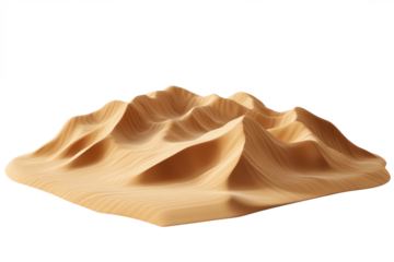 A miniature sand dune landscape model with light brown sand on a white background in a square shape