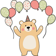 Bear birthday theme, Cute bear wearing a party hat, holding colorful balloons in a festive setting.