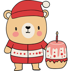 Bear birthday theme, Cute bear in a Santa suit holding a festive cake with a candle.