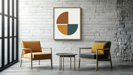 Modern living room with stylish armchairs and abstract wall art, creating a cozy and elegant atmosphere.