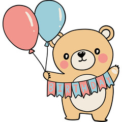 Bear birthday theme, Cute bear holding balloons and a birthday banner, perfect for celebrations.