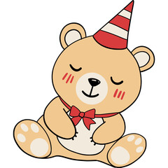 Bear birthday theme, Cute bear in a party hat, smiling and sitting, exuding a joyful and playful vibe.