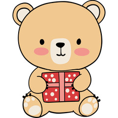 Bear birthday theme, Cute bear holding a gift, perfect for children's illustrations or seasonal themes.