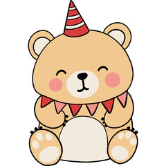 Fototapeta premium Bear birthday theme, Cute bear character with a party hat and festive decorations, smiling happily.