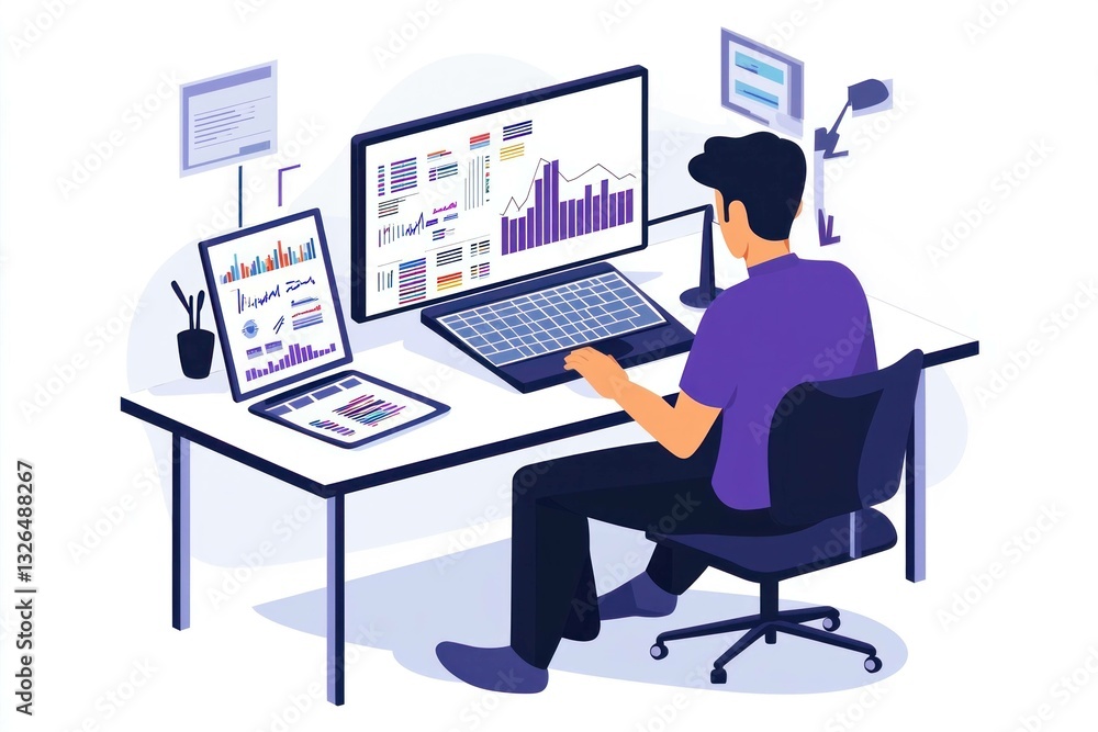 Poster young man analyzing data on multiple screens in a modern office environment, surrounded by charts an