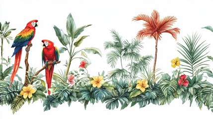 A tropical vintage botanical scene featuring palm trees, plants, a parrot, monkey, and elephant, designed as a seamless floral border on a white background. Jungle animal wallpaper concept
