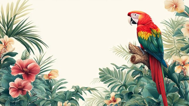 A tropical vintage botanical scene featuring palm trees, plants, a parrot, monkey, and elephant, designed as a seamless floral border on a white background. Jungle animal wallpaper concept