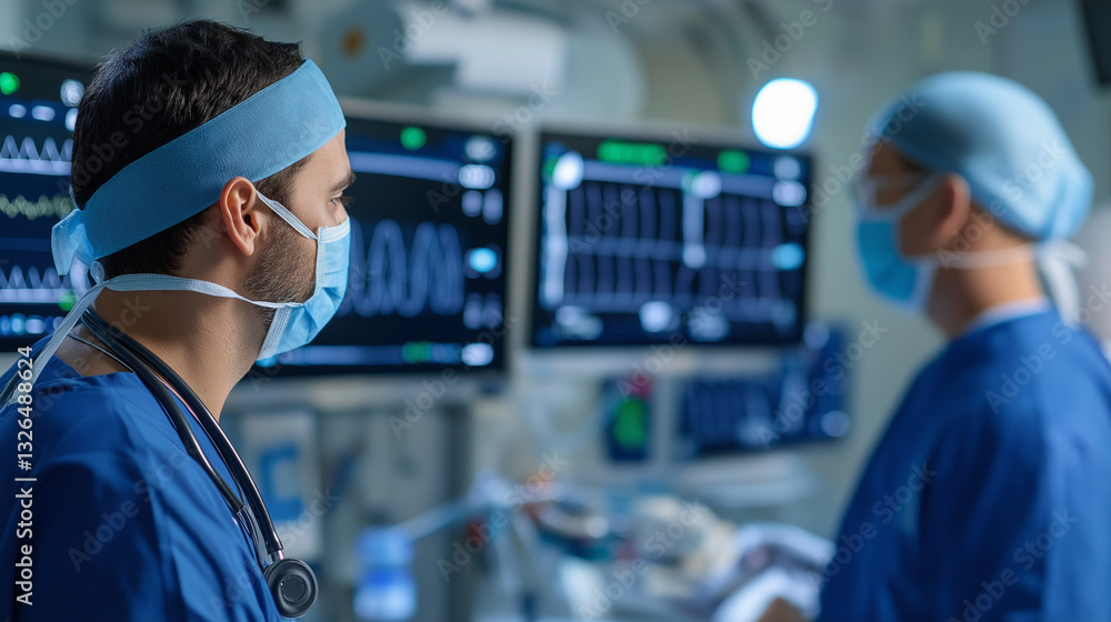 Poster an operating room with digital monitors displaying real-time vitals, while surgeons work tirelessly 