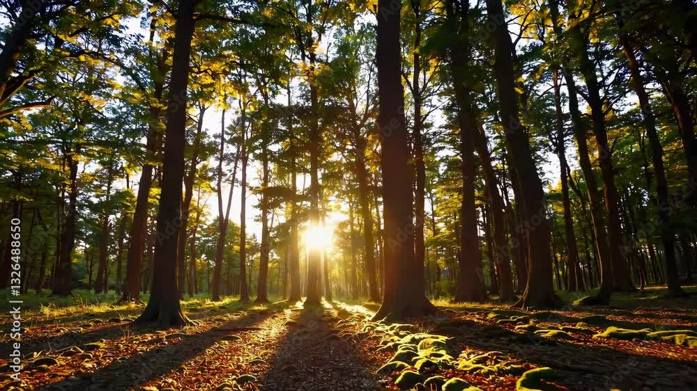 Poster sunlight filters through tall trees in a peaceful forest setting during early evening hours