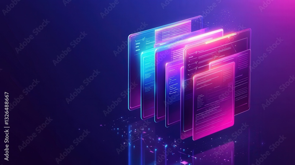 Poster a vibrant digital representation of multiple transparent screens displaying data and code, set again