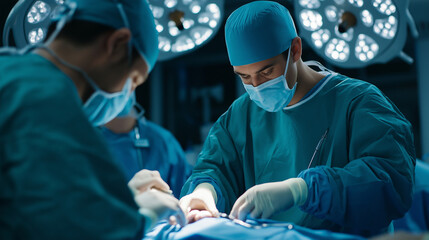 An intense moment during a transplant operation as a lead surgeon gives instructions while handling an organ, symbolizing expertise and leadership.