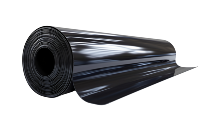 A tightly rolled sheet of black construction plastic, designed for waterproofing and insulation, with a glossy reflective surface.