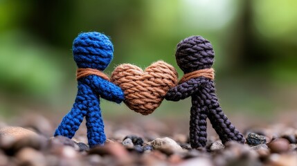 Two charming knitted figures gracefully hold a brown heart, presenting themes of love, unity, and care, all while emphasizing exquisite textile craftsmanship in a serene outdoor setting.