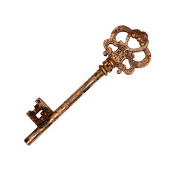 Vintage ornate key with intricate design on a black background for antique and historical themes in photography