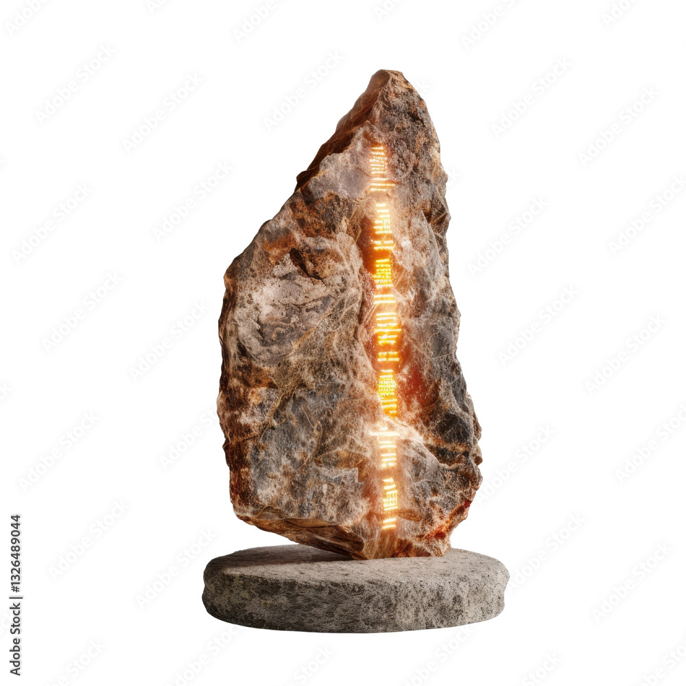 Poster glowing stone sculpture with illuminated patterns and textures highlighting natural and artistic ele