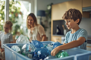 Professional Happy Family Cooking Together: Parents and Children Enjoying Meal Kit Delivery Service in Kitchen, Following Recipe on Digital Tablet - Modern