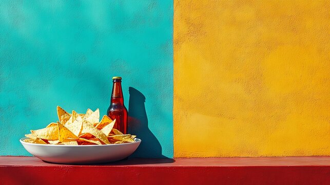 A lively still life featuring nachos and a beer bottle set against a striking background, perfect for a banner