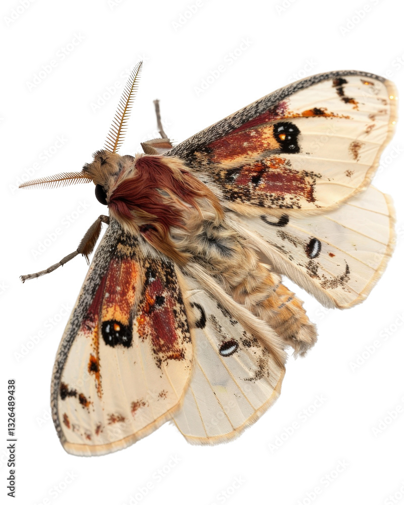 Poster close-up of an intricate and colorful moth with detailed wings showcasing vibrant patterns and textu