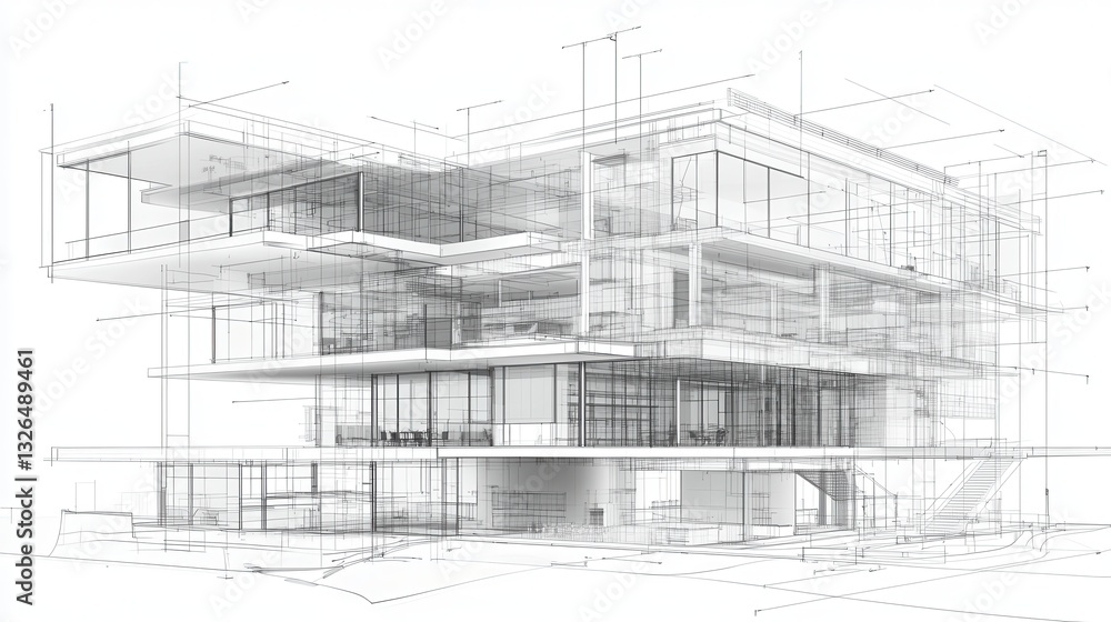Poster minimalist and modern architectural blueprint with geometric design glass facade and concrete struct