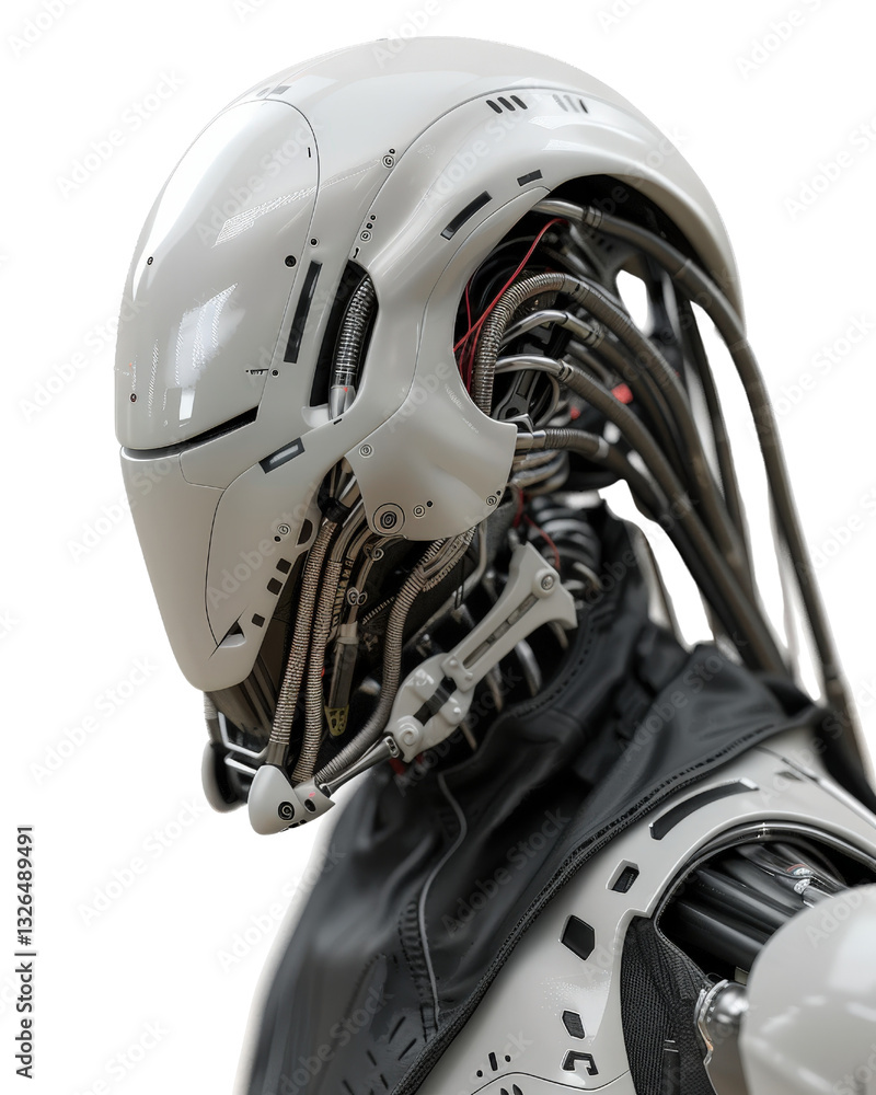 Poster futuristic humanoid robot with intricate design and exposed mechanical features, showcasing advanced