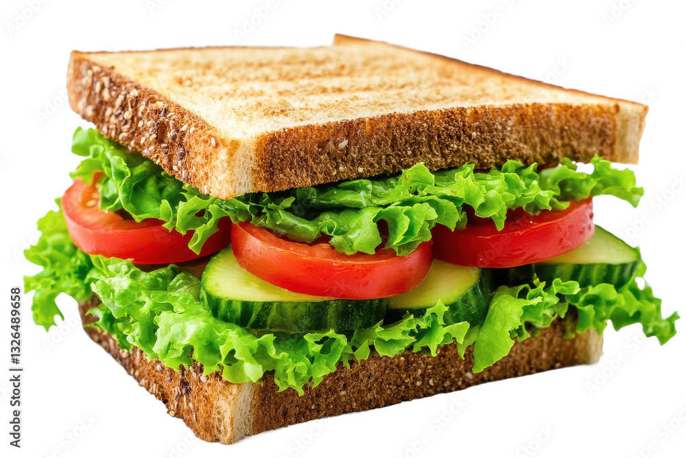 Poster a close up shot of a sandwich with lettuce tomato and cucumber filling between two slices of toast b